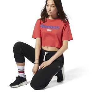 Koszulki Damskie Reebok Training Essentials Linear Logo Crop Czerwone PL 68OBJFL